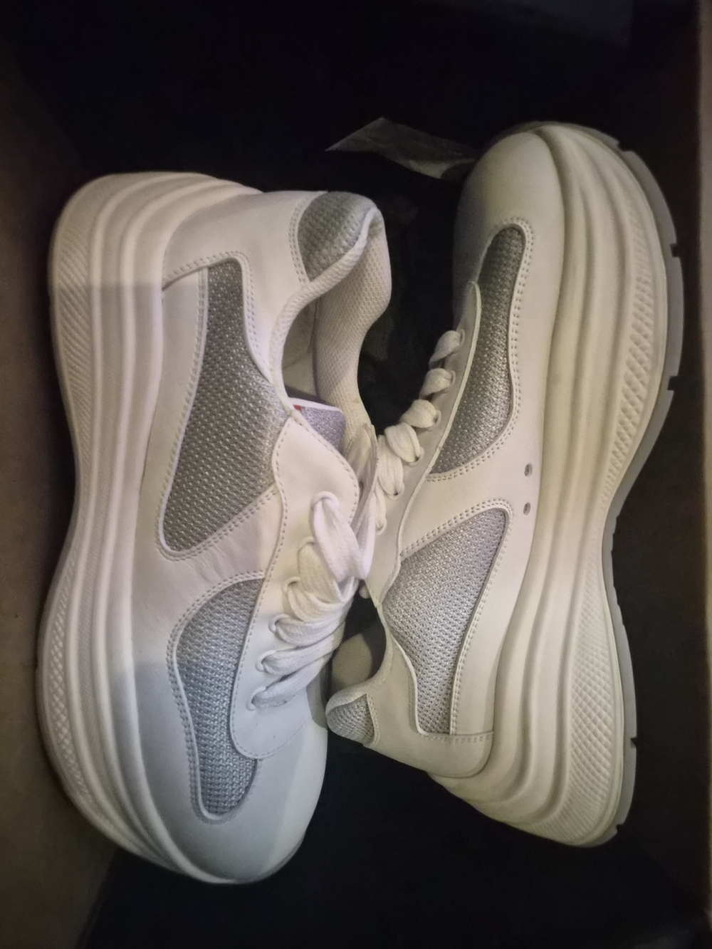 Prada Linea Rossa Men's White and Light Gray Chunky Sneakers